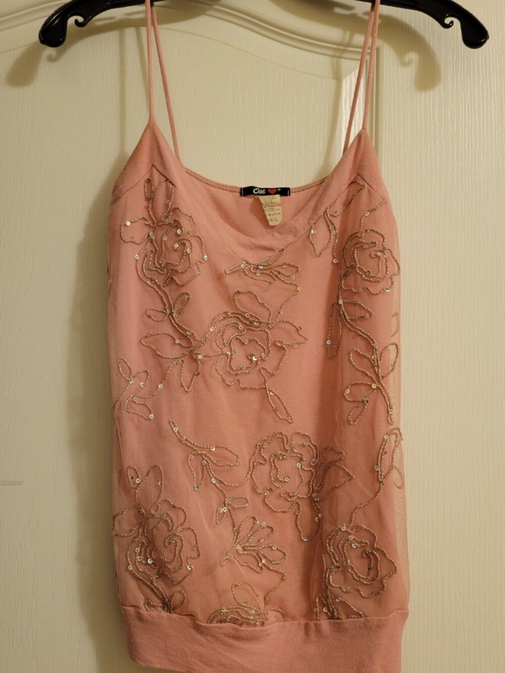 One Heart Pink Floral Beaded Sequin Tank Top (size Small)